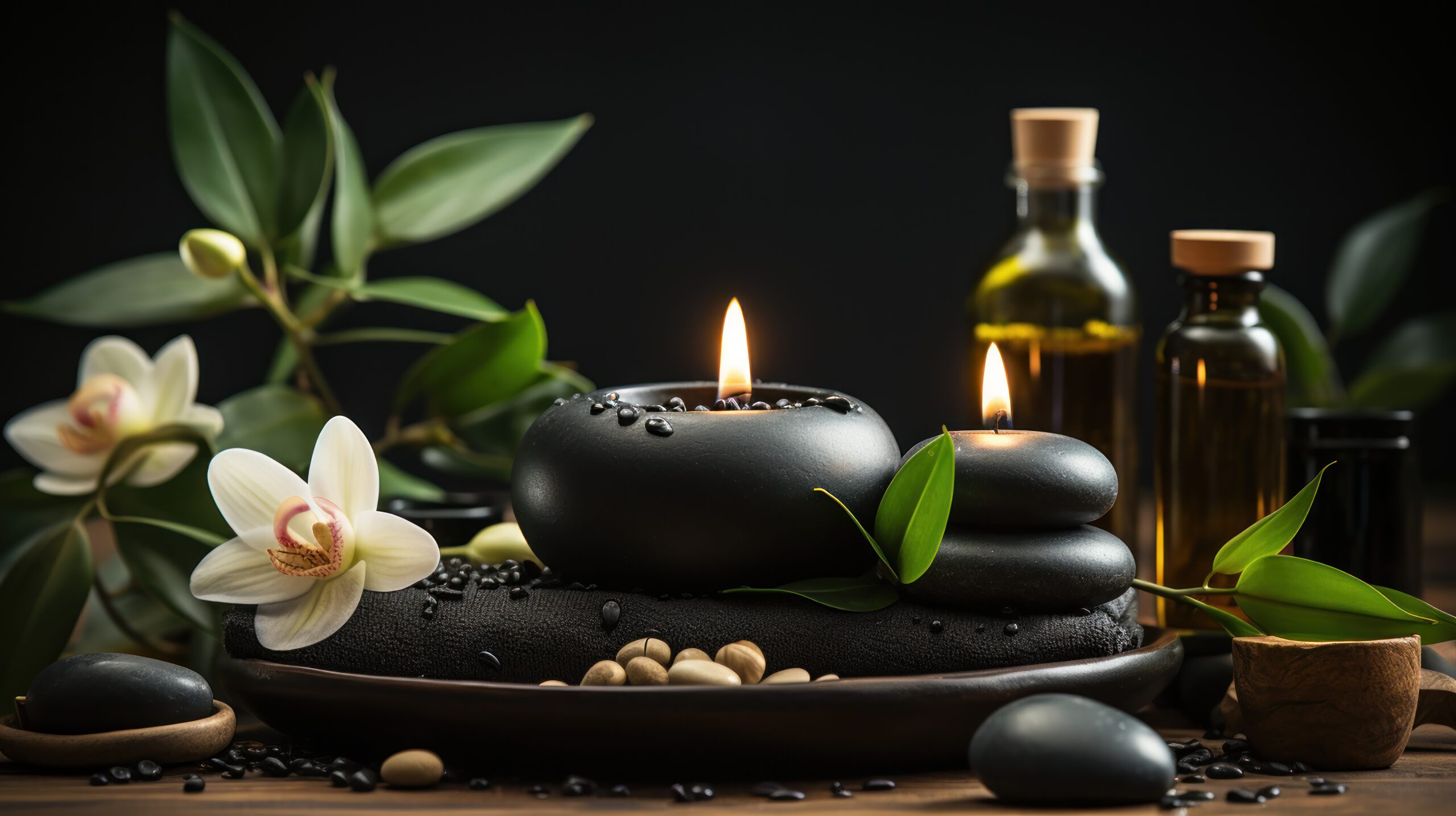 Massage table setting with white candles and black stones.